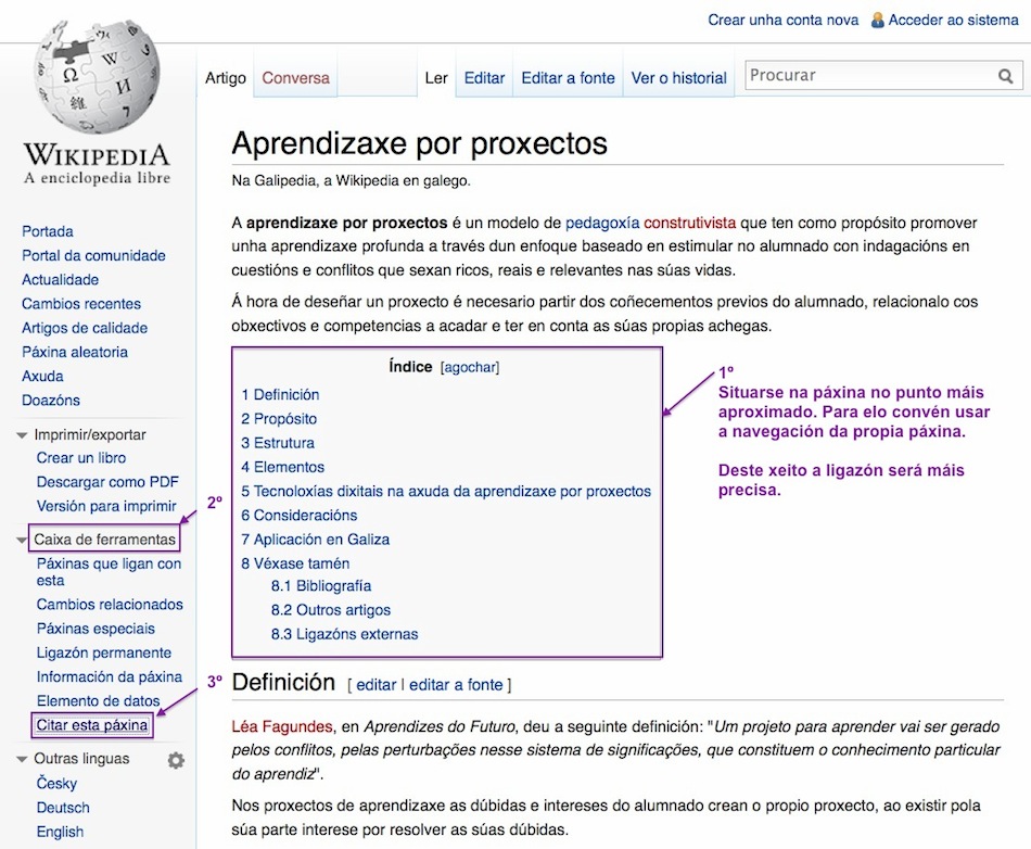 Imaxe dunha páxina de Wikipedia sinalando as ferramentas para xerar a cita bibliográfica.
