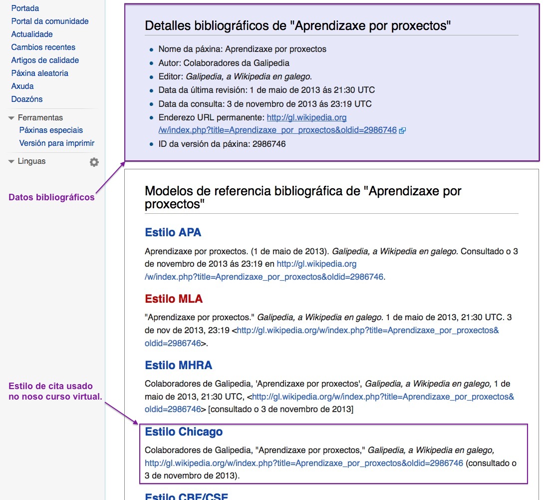 Imaxe dunha páxina de Wikipedia sinalando os estilos de cita xerados.