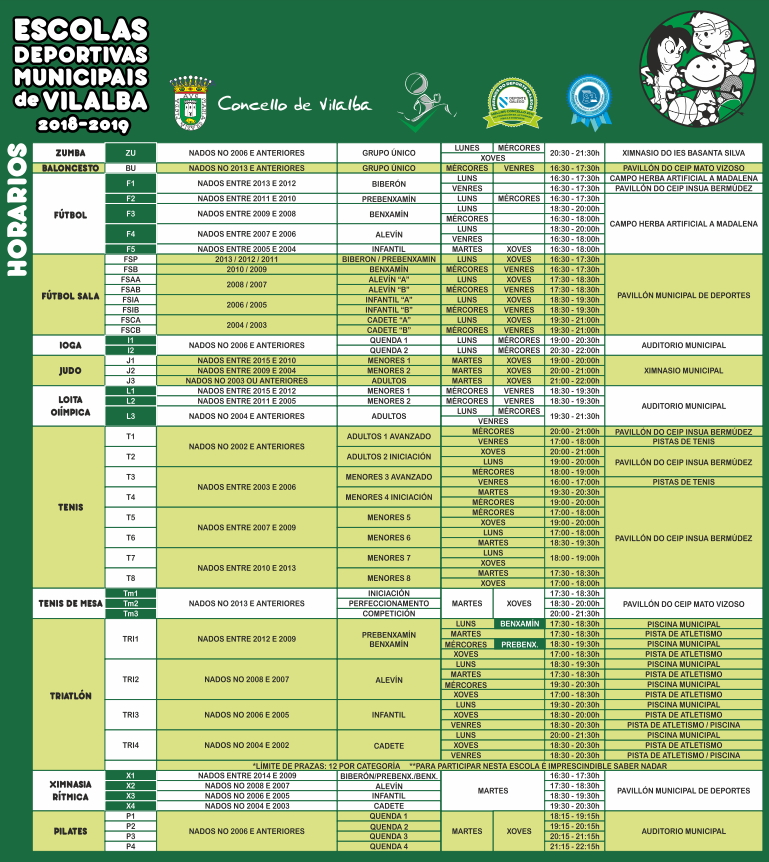 Horario escolas deportivas Vilalba 2018-19