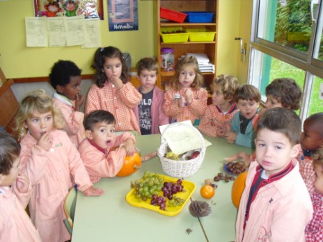 nenos e nenas de 3 anos A comendo froitas do outono