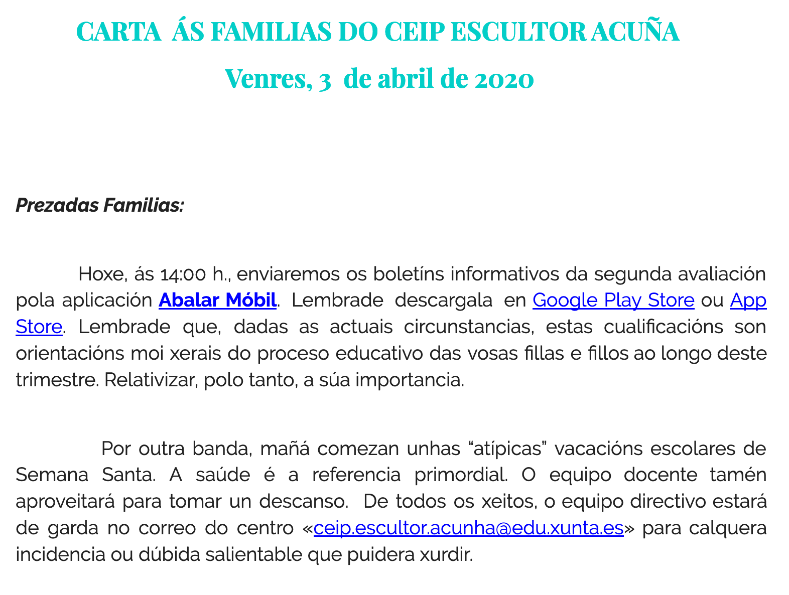 Carta ás familias 3 de abril