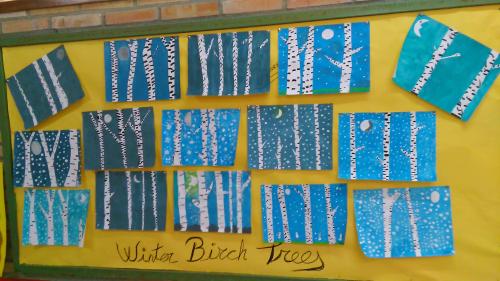 winter birch trees mural