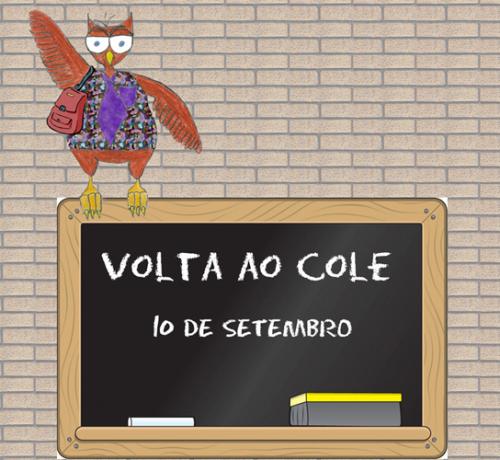 Moucho Frianon con encerado co texto de volta ao cole