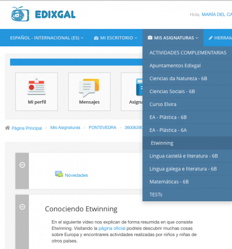 captura de pantalla Curso etwinning na plataforma EDIXGAL para alumnado de 6º