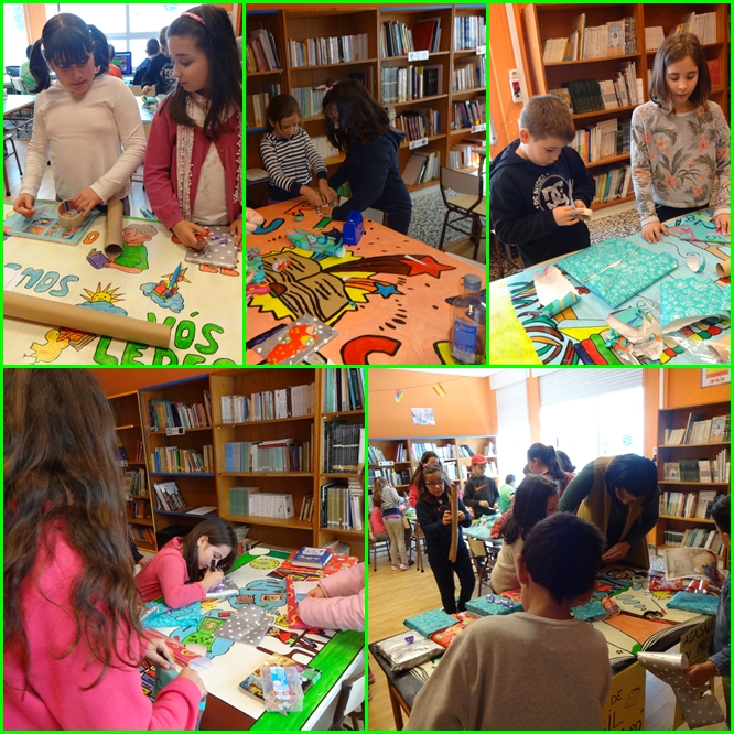 Nenos e nenas envolvendo libros para agasallar na semana do Día do Libro