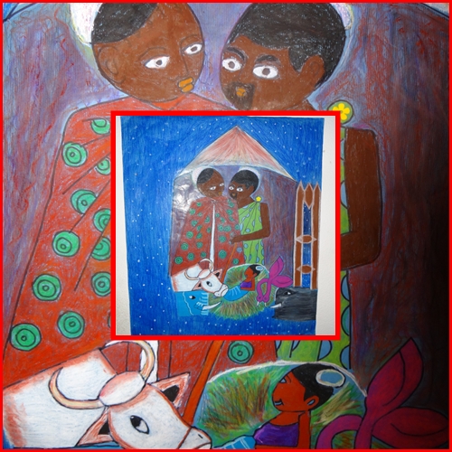 Mural da imaxe de Xosé, María e o neno Xesús coa cor da pel oscura.