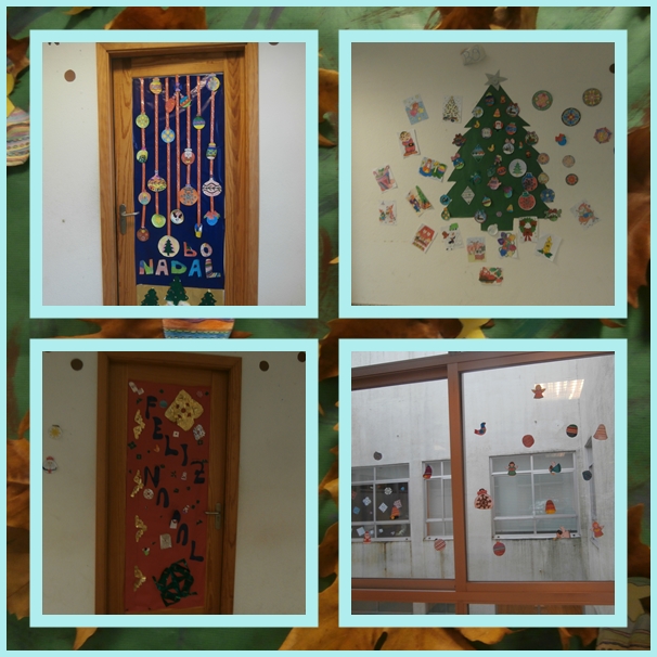 Collage de fotos con porta adornada con bolas feitas de papel, árbore de nadal na parede, porta on de pon feliz nadal e ventana con debuxos relacionados co nadal.