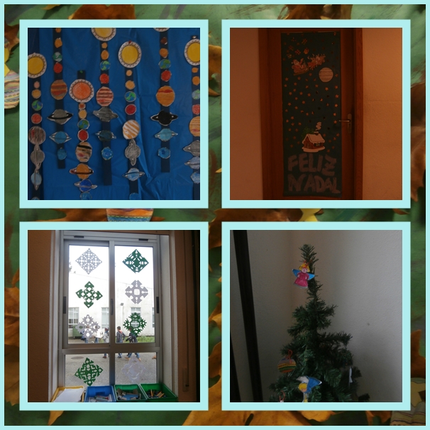 Collage de fotos co sistema solar, porta onde aparece unha casa nevada e a palabra bo feliz nadal, fiestra con copos de neve feitos con papiroflexia e árbore de nadal adornado.