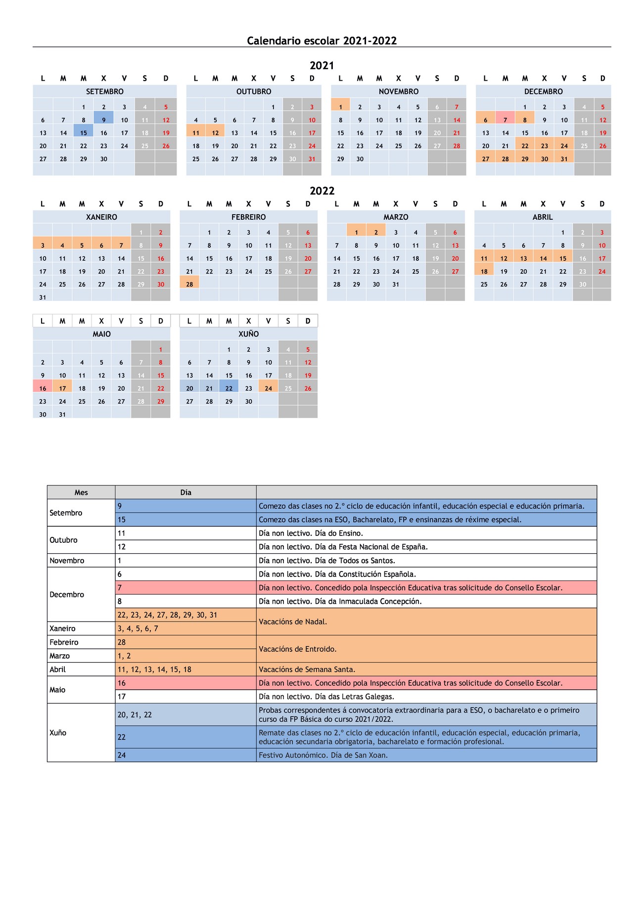 Calendario Escolar 2021/2022
