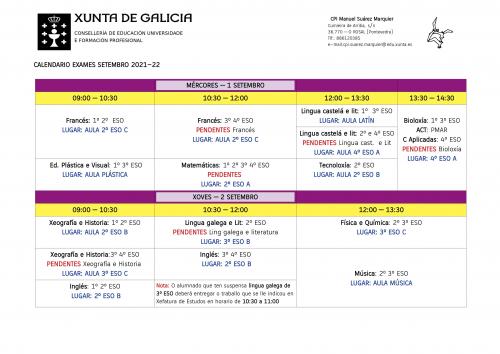 Calendario exame setembro