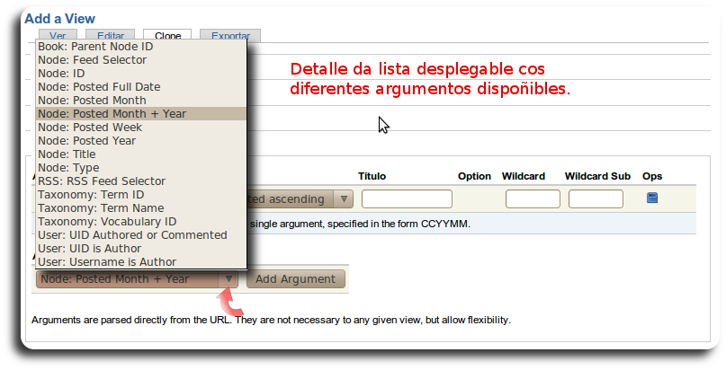 views: argumentos, lista de argumentos dispoñibles