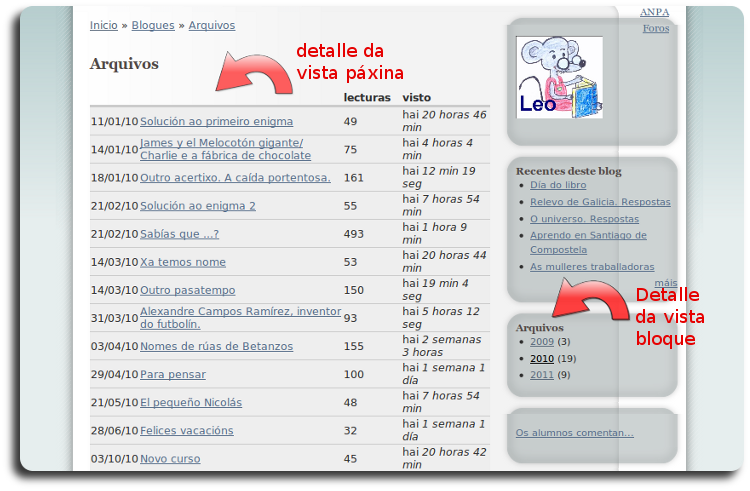 detalle vista bloque e vista páxina nun blog