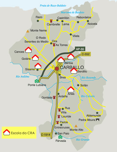 Mapa do concello e situación das escolas.