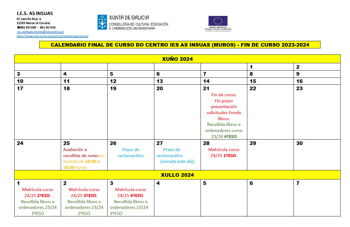 Calendario fin de curso