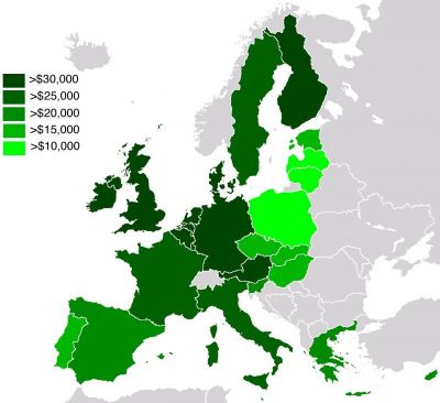 Paridade de poder adquisitivo na UE
Producto interno bruto (PIB) per capita en términos de Custo de Vida en cada país.
