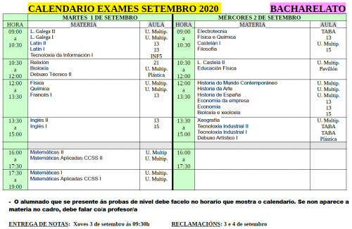 Calendario Exames Bach Setembro 2020