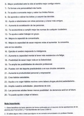 1 Beneficios del ejercicio continuado.4 Reaizado por los alumnos de 3º de la ESO y 1º de bachillerato.Curso 2.009-10
