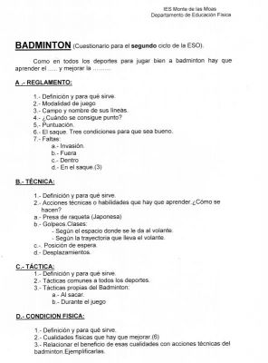 Badminton.Cuestionario para 3º y bachillerato.2.012-2013

