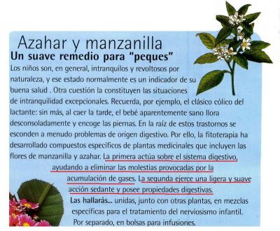 Azahar y manzanilla.La primera elimina las molestias de los gases en la digestión.La manzanilla favorece la digestión.2.010
