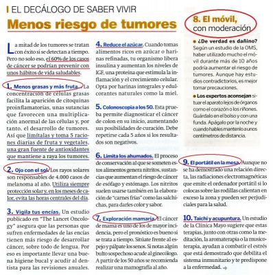 Cáncer.Decálogo para prevenir los posibles tumores.Revista Saber Vivir nº 121
