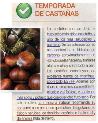 Castañas.Recomendables para el agotamiento tanto físico como mental.Ricas en hidratos y minerales como el hierro, calcio y fósforo.2.010
