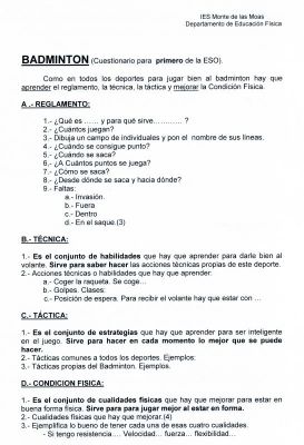 Badminton.Cuestionario para 1º de la ESO.2.012-13
