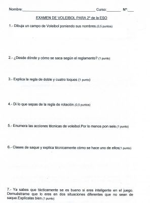 Voleibol.Examen para 2º de la ESO.2.009
