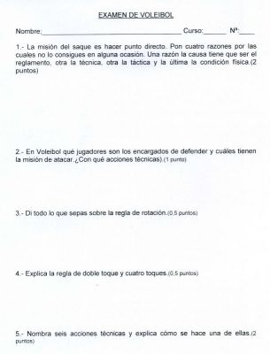 Voleibol.Examen para 3º de la ESO.2.010
