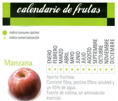 Manzana.Calendario de frutas.Aporta fructosa.Contiene fibra soluble.Rica en agua.Además es fuente esencial de cistina (aminoácido).Grupo IFA.2.013
