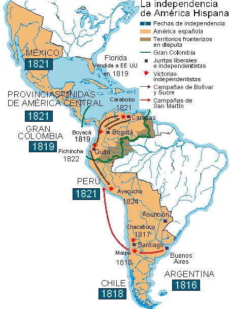 Mapa da Independencia das colonias españolas en América