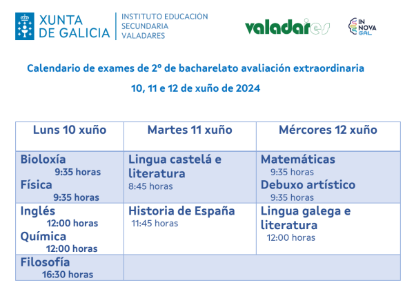 Calendario avaliacións 2º Bacharelato