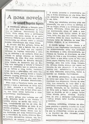 2014. HOMENAXE A XULIÁN MAGARIÑOS
Velaquí un conxunto de artigos publicados por Magariños na prensa da época -curta e intensa- que lle tocou vivir. Con estas achegas seguimos espallando na Rede todo o relacionado co escritor negreirés. Xulián M. Magariños ten empregado os pseudónimos Julio Marín e Xulio Marín en varios dos seus textos xornalísticos. "A nosa novela", en EL PUEBLO GALLEGO, Vigo, 20/12/1925
Palabras chave: actividade cultural