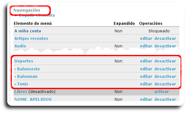 Categoría dentro do menú de Navegación