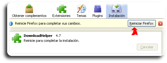 Reiniciar Firefox para completar a instalación do complemento