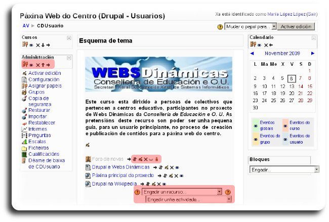 botón de control de bloques e elementos do curso