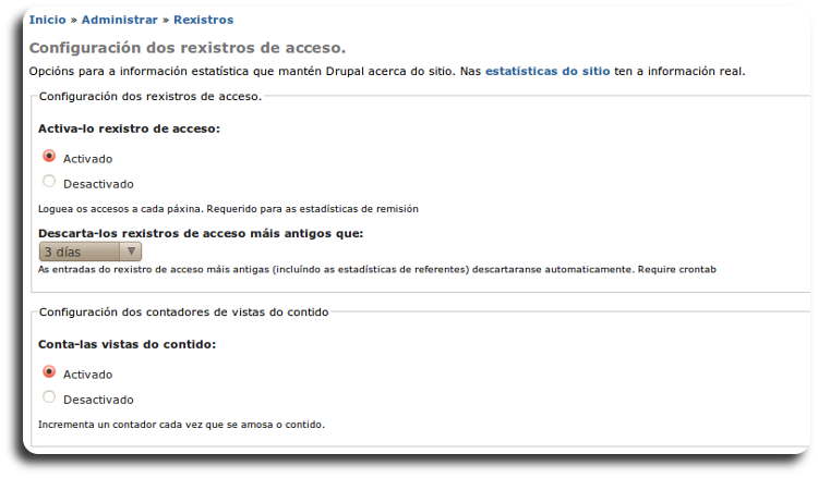 Estatísticas configuración dos rexistros de aceso