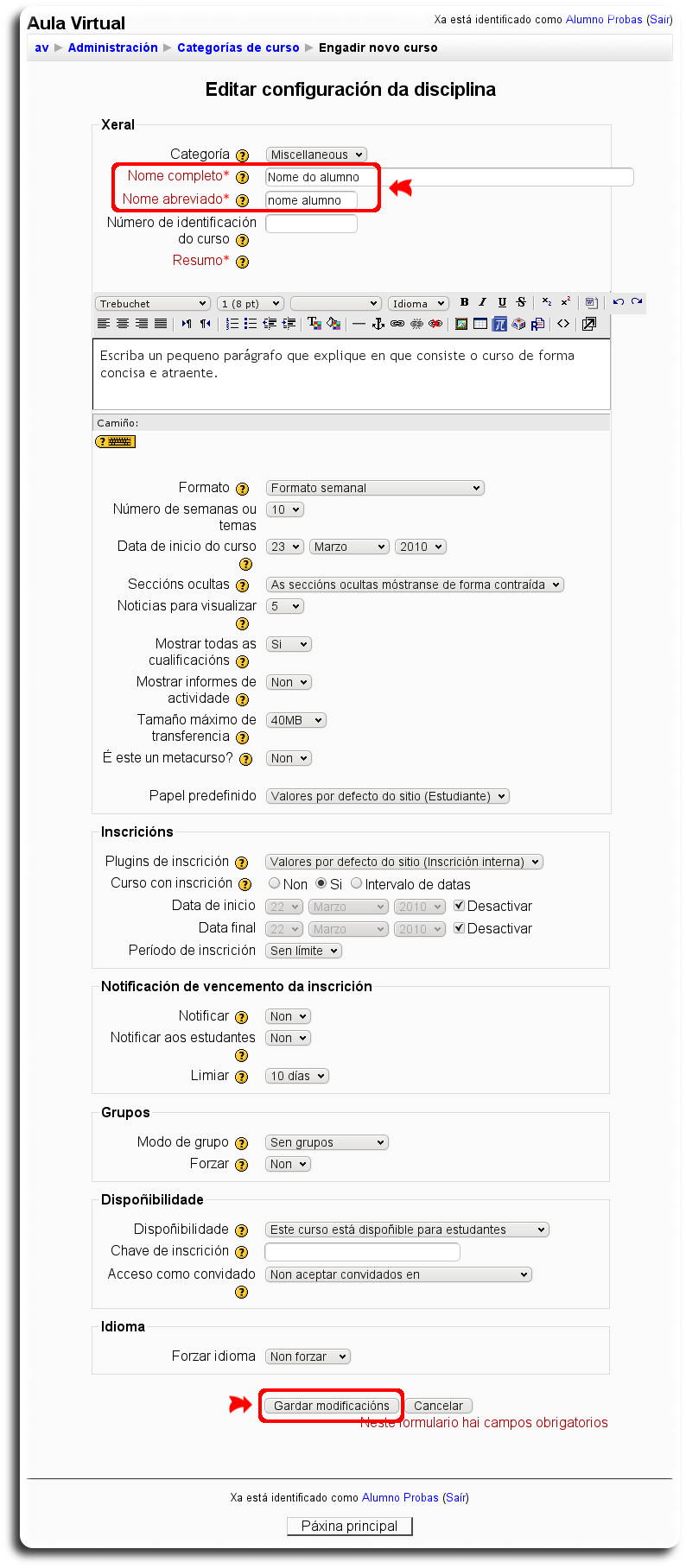 Edición dun novo curso