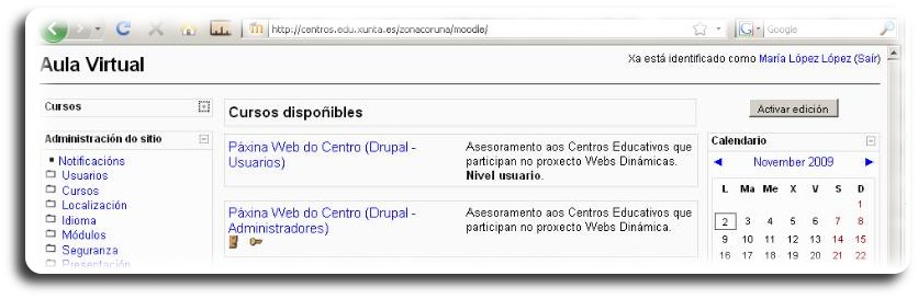 Visualización da aula virtual unha vez rexistrado