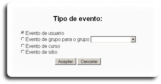 Pantalla de selección do tipo de evento