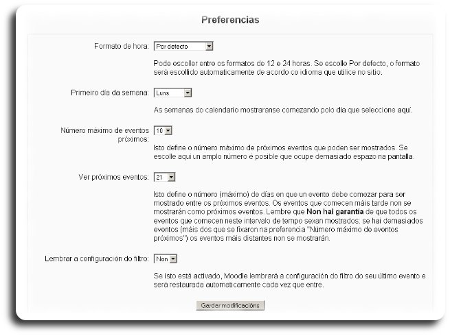 Permite establecer as opción de visualización dos eventos no calendario