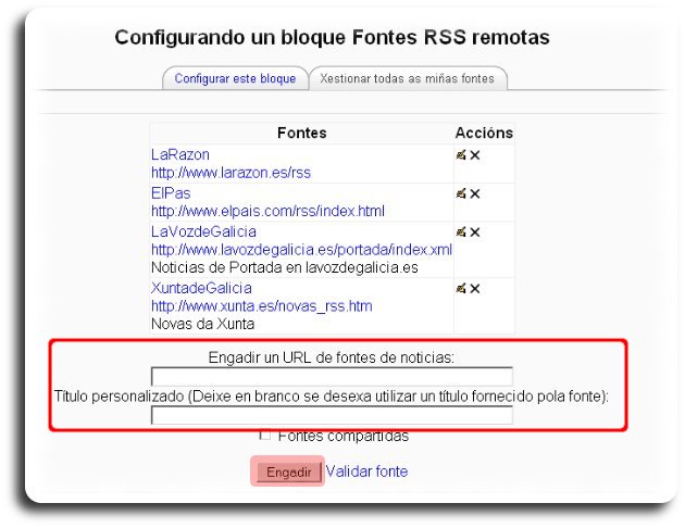 Pestaña na que se introduce a URL das fontes externas