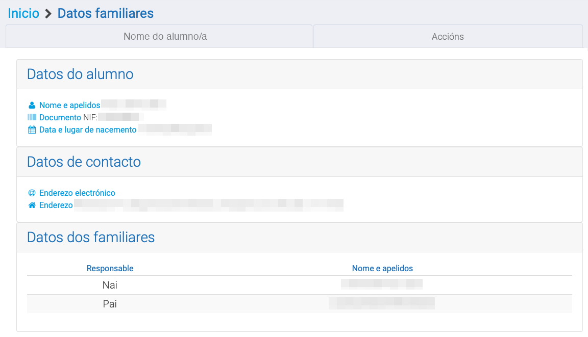 Pantallazo dos datos familiares que se teñen do alumno
