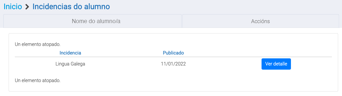 Pantallazo das incidencias do alumno