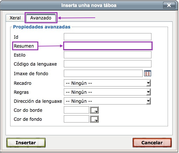 Inserir o resumo dunha táboa en Insertar unha nova táboa.