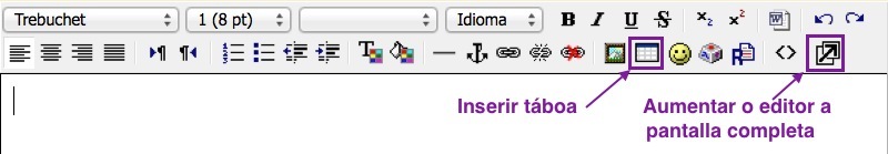 Imaxe das iconas de edición dos recursos de Moodle. Sinálanse as iconas para crear unha táboa e para traballar a pantalla completa.