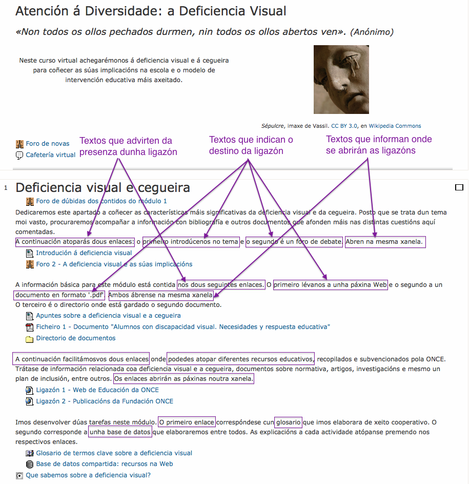 Fragmento do proxecto final de Ana Belen Domínguez sinalando a accesibilidade web das ligazóns.