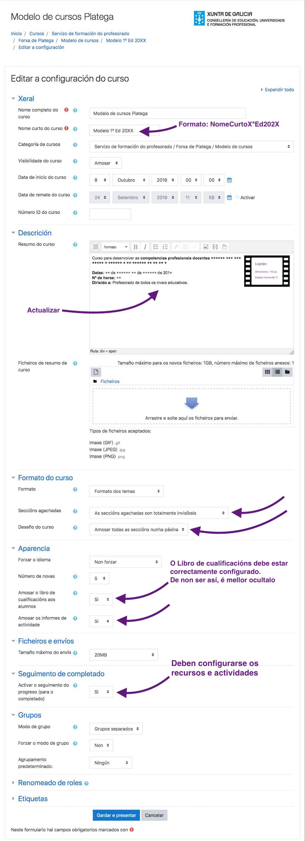 Configuración estándar dun curso Platega