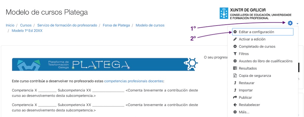 Acceso ao menú para Editar a configuración do curso