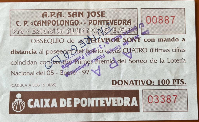 1996/97  - Rifa fin de curso - 100 pesetas  - APA San Xosé