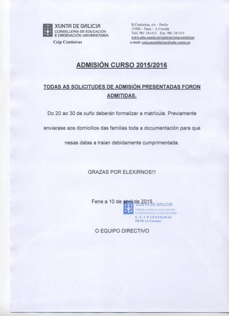 SOLICITUDE ADMISIÓN CURSO 2015/2016